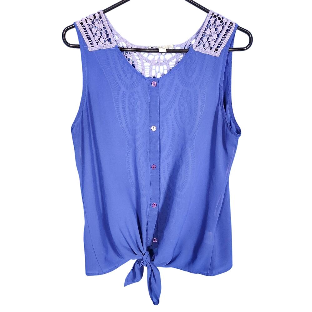 Olive & Oak Sleeveless Blouse M Blue Lace Back Sheer Tie Waist